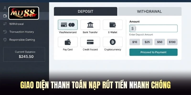 Giao diện thanh toán nạp rút tiền nhanh chóng
